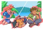  1girl 2boys ash_ketchum bare_shoulders black_hair blue_eyes blue_shorts blue_skirt blue_sky brock_(pokemon) brown_hair browt closed_mouth english_commentary full_body gecqua green_shirt high_side_ponytail highres holding holding_pokemon hood hoodie indian_style leaf looking_at_another lying milah misty_(pokemon) multiple_boys ocean on_back on_shoulder on_stomach one_eye_closed open_clothes open_mouth open_shirt orange_hair pants pikachu pink_hoodie plant pokemon pokemon_(anime) pokemon_(classic_anime) pokemon_(creature) pokemon_on_shoulder pombon seiza shirt short_hair shorts sitting skirt sky sleeveless sleeveless_hoodie smile spoken_sweatdrop starter_pokemon_trio sunglasses sweatdrop tree white_shirt 