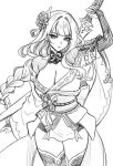  1girl aegyo_sal arm_at_side arm_up bell braid breasts bridal_gauntlets bright_pupils closed_mouth commentary cowboy_shot english_commentary engulfing_lightning_(genshin_impact) fan_hair_ornament fingernails from_above genshin_impact greyscale hair_intakes hair_over_shoulder hatching_(texture) holding holding_behind_back holding_sword holding_weapon holding_weapon_behind_back japanese_clothes kimono large_breasts lips long_braid long_hair long_sleeves looking_at_viewer low-braided_long_hair low-tied_long_hair mature_female mole mole_under_eye monochrome off_shoulder pelvic_curtain raiden_shogun sasucchi95 short_kimono short_shorts shorts sidelocks simple_background solo standing swept_bangs sword thighhighs tsurime turning_head v-shaped_eyebrows very_long_hair weapon white_background wide_sleeves 