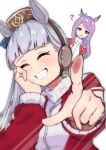  2girls ? absurdres animal_ears aqua_bow blunt_bangs blush bow brown_hat closed_eyes commentary_request ear_bow ear_ribbon gold_ship_(umamusume) grey_hair hat highres horse_ears horse_girl jacket long_hair looking_at_viewer mejiro_mcqueen_(umamusume) momami_mo_ma multiple_girls open_mouth parted_lips pillbox_hat pointing pointing_at_viewer purple_eyes purple_hair red_jacket smile teeth tracen_training_uniform track_jacket umamusume 