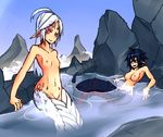  bathing breasts duo female hair hot_spring humanoid hybrid lamia long_hair monster_girl_(genre) nipples nude outside pointy_ears reptile scalie slit_pupils snake sub-res water 