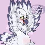  2017 amelia_abernachy anthro armpits avian backsash beak belly big_belly bird black_feathers black_sclera blush english_text eyewear feathered_wings feathers female glasses hi_res looking_at_viewer open_mouth owl simple_background slightly_chubby solo steam sweat text tongue white_feathers wide_hips wings 