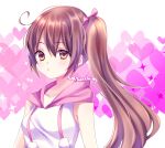  1girl arms_at_sides artist_name artist_self-insert bare_shoulders blush bow breasts brown_hair closed_mouth collarbone cowlick double-parted_bangs drawstring expressionless eyes_visible_through_hair from_side gradient_eyes hair_between_eyes hair_bow heart heart_background high_side_ponytail highres hood hood_down hoodie light_frown long_hair looking_ahead multicolored_eyes original outline pink_background pink_bow pink_hood pom_pom_(clothes) purple_eyes sasu_(sasucchi95) sasucchi95 side_ponytail sidelocks simple_background sleeveless sleeveless_hoodie small_breasts solo sparkle_background tareme two-tone_background two-tone_eyes very_long_hair white_background white_hoodie white_outline yellow_eyes 