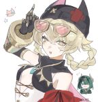  2girls :3 animal_hat aqua_eyes aqua_hair arm_up armlet artist_name bandaid bandana bare_shoulders black_bandana black_gloves black_hat black_sleeves blush bow braid breasts buttons cat_hat cat_symbol circlet closed_mouth clothing_cutout colored_inner_hair cross-laced_clothes cross-laced_leotard crossed_bangs detached_sleeves empty_eyes eyewear_on_head fang genshin_impact gloves gold_armlet green_hair green_shirt hair_between_eyes hair_rings hat hat_with_ears headpiece highleg highleg_leotard highres jahoda_(genshin_impact) jewelry large_bow leotard long_sleeves looking_at_viewer multicolored_hair multiple_girls necklace nefer_(genshin_impact) notice_lines open_mouth ove_(user_vcdx4582) pink-tinted_eyewear red_bow shirt short_hair simple_background skin_fang small_breasts smile solo_focus star-shaped_pupils star_(symbol) sunglasses symbol-shaped_pupils tinted_eyewear twin_braids upper_body v-shaped_eyebrows white_background white_leotard yellow-framed_eyewear yellow_eyes yellow_pupils 