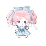  1girl bare_arms barefoot beads blowing_bubbles blue_bow blue_dress blue_eyes blush_stickers bow bubble's_hometown_(infinity_nikki) bubble_wand buttons center_frills chibi chinese_commentary commentary_request dress dress_shirt fengmi_youzi_hua frills hair_beads hair_bow hair_ornament highres holding holding_wand infinity_nikki medium_dress nikki_(series) o3o pinafore_dress pink_hair puffy_short_sleeves puffy_sleeves shirt short_hair short_sleeves short_twintails simple_background sleeveless sleeveless_dress solid_oval_eyes solo standing twintails waist_bow wand white_background white_shirt 