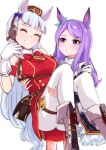  2girls absurdres animal_ears arm_around_shoulder armband black_jacket black_skirt blunt_bangs blush boots bow bowtie breasts brown_hat carrying carrying_person closed_eyes closed_mouth commentary_request dress ear_bow ear_ribbon frills gloves gold_ship_(red_strife)_(umamusume) gold_ship_(umamusume) grey_hair hat highres horse_ears horse_girl horse_tail jacket long_hair long_sleeves medium_breasts mejiro_mcqueen_(frontline_elegance)_(umamusume) mejiro_mcqueen_(umamusume) momami_mo_ma multiple_girls open_mouth pantyhose partial_commentary pillbox_hat princess_carry purple_eyes purple_hair red_bow red_dress simple_background skirt sleeveless sleeveless_dress smile striped_armband striped_clothes tail teeth thigh_strap umamusume white_boots white_gloves white_pantyhose 