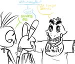  2015 animatronic anthro avian bib bird buckteeth chicken dialogue english_text female five_nights_at_freddy&#039;s five_nights_at_freddy&#039;s_2 group inkyfrog lagomorph machine male mammal rabbit restricted_palette robot simple_background teeth text toy_bonnie_(fnaf) toy_chica_(fnaf) video_games white_background withered_chica_(fnaf) 