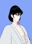  1boy black_eyes black_hair blue_background closed_mouth commentary_request expressionless grey_kimono hair_between_eyes highres ishikawa_goemon_xiii japanese_clothes kimono lupin_iii male_focus mohimohinosiri pectoral_cleavage pectorals short_hair simple_background solo upper_body 