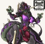 absurd_res anthro big_breasts breasts claws digital_media_(artwork) dinosaur female hi_res liltaiga4 looking_at_viewer prehistoric_species reptile saurischian scales scalie simple_background solo tail theropod thick_thighs tyrannosaurid tyrannosauroid tyrannosaurus ultimate_conductor_tyranno wide_hips yu-gi-oh!