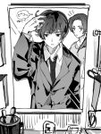  2boys arm_up axis_powers_hetalia bathroom blush buttons cabinet china_(hetalia) closed_mouth collarbone collared_shirt commentary_request cup fingernails greyscale hair_between_eyes hand_on_own_head highres indoors jacket japan_(hetalia) lapels lead_pipe long_hair long_sleeves looking_at_another looking_to_the_side low_ponytail male_focus mirror monochrome multiple_boys necktie nniutrnykngig notice_lines ponytail reflection shirt short_hair short_sleeves solo_focus speech_bubble suit suit_jacket sweatdrop t-shirt teeth toothbrush upper_body 