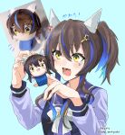  1girl blue_background bow brown_hair character_doll daitaku_helios_(umamusume) doll ear_covers fang fingernails hair_ornament hairclip highres long_hair open_mouth photo_inset ponytail purple_sailor_collar sailor_collar school_uniform simple_background solo tracen_school_uniform uma_motiyodor umamusume upper_body white_bow yellow_eyes 