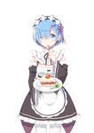  2429144768 blue_eyes blue_hair blush breasts cake cleavage cowboy_shot detached_sleeves eyes_visible_through_hair food frilled_sleeves frills fruit hair_ornament hair_over_one_eye highres holding holding_spoon looking_at_viewer maid maid_headdress medium_breasts pantyhose plate re:zero_kara_hajimeru_isekai_seikatsu rem_(re:zero) ribbon-trimmed_clothes ribbon_trim simple_background slice_of_cake solo spoon strawberry white_background wide_sleeves x_hair_ornament 