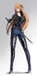  1girl absurdres asuna_(sao) bdsm black_boots black_gloves black_sweater blonde_hair boots braid breasts cum denim dominatrix elbow_gloves femdom full_body gloves high_heel_boots high_heels highres holding holding_sword holding_weapon jeans latex latex_boots latex_gloves leather leather_boots leather_gloves long_hair looking_at_viewer medium_breasts mixed-language_commentary open_mouth orange_eyes pants side_braid sideboob sidelocks simple_background smirk solo standing sweater sword sword_art_online thigh_boots voidmaki weapon 