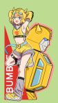  1boy 1girl :d absurdres arms_behind_head belt black_choker blonde_hair blue_belt blue_eyes bumblebee_(kotobukiya_bishoujo)_(transformers) bumblebee_(transformers) character_name choker commentary cropped_hoodie cropped_torso detached_sleeves full_body genderswap genderswap_(mtf) green_background grey_socks highres hood hood_up hoodie humanization komagoma kotobukiya_bishoujo looking_at_viewer midriff navel open_mouth outline pink_outline robot shoes shorts smile socks standing standing_on_one_leg thigh_strap transformers transformers:_generation_1 tube_socks white_outline yellow_hood yellow_hoodie yellow_shoes yellow_shorts 