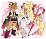  2girls :d @_@ absurdly_long_hair arm_at_side bare_legs belt black_belt black_boots black_bow black_coat black_hat black_necktie black_shoes black_shorts blonde_hair boots border bow bowtie breasts brown_eyes brown_hair buttons coat collared_coat colored_shoe_soles commentary cookie_run cookie_run:_ovenbreak croissant_cookie curly_sidelocks dark-skinned_female dark_skin dot_nose double-breasted double-parted_bangs double_bun dual_persona english_text eye_contact eyepatch face-to-face flower frilled_coat frilled_sleeves frills full_body gloves grin hair_between_eyes hair_bun hair_ornament happy_valentine hat hat_bow hat_ornament hat_tip heart heart-shaped_hat heart_eyepatch heart_hat_ornament high_ponytail highres holding holding_hands holding_scissors humanization knee_boots knees_together_feet_apart lapels legs_apart long_hair long_sleeves looking_at_another medium_breasts mini_hat mini_top_hat multicolored_hair multiple_girls necktie no_eyebrows notched_lapels official_alternate_costume official_alternate_eye_color ohta_guk_hip one_eye_covered open_clothes open_coat open_mouth orange_hair outside_border oversized_object pants parted_bangs pink_background pink_bow pink_bowtie pink_eyes pink_flower pink_ribbon pink_rose ponytail ribbed_shirt ribbon rose scissors shirt shoes short_hair shorts sidelocks simple_background sleeve_cuffs small_breasts smile standing standing_on_one_leg streaked_hair striped_bow striped_bowtie striped_clothes tareme thick_eyebrows thick_thighs thigh_strap thighs tie_clip timekeeper_cookie timekeeper_cookie_(timeless_love) tongue top_hat tsurime two-tone_bow two-tone_bowtie two-tone_hair untranslatable_commentary v-shaped_eyebrows very_long_hair white_border white_bow white_bowtie white_coat white_gloves white_hat white_pants wide_hips yellow_bow yellow_shirt 