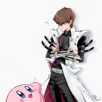  1boy 1other ? arm_belt arm_strap black_pants black_shirt blue_eyes brown_eyes coat cowboy_shot crossed_arms crossover facing_another high_collar kaiba_seto kirby kirby_(series) looking_at_another metal_wrist_cuffs moneko open_clothes open_coat out_of_frame pants shirt sleeveless sleeveless_coat waving white_background white_coat yu-gi-oh! yu-gi-oh!_duel_monsters 
