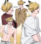  1boy abs absurdres animal_ears artist_name black_hair blonde_hair collared_jacket commentary fangs fox_boy fox_ears fox_tail grin growling gyaruo haikyuu!! hand_on_own_neck highres jacket looking_at_viewer looking_back male_focus manly medium_sideburns miya_atsumu multicolored_hair multiple_views muscular muscular_male navel necktie open_mouth pants parted_bangs pectorals popped_collar puffing_up red_jacket red_necktie shirt short_hair shy sideburns simple_background slit_pupils smile suit tail teeth towel towel_around_neck two-tone_hair undercut untranslatable_commentary upper_body v-shaped_eyebrows yawning yellow_eyes zztlehd 