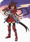  1girl animal_ears antenna_hair armor black_thighhighs boots brown_hair double-parted_bangs hachimaki hair_between_eyes hair_rings headband highres horse_ears horse_girl horse_tail japanese_armor jinbaori kote kudach_i leg_armor long_hair long_hair_between_eyes long_sleeves low_twintails no_reason_(speedy_red_armor)_(umamusume) no_reason_(umamusume) pleated_skirt red_shoes red_skirt rope rope_belt shimenawa shoes simple_background skirt standing tail tassel thighhighs twintails tying_headband umamusume very_long_hair yellow_eyes 