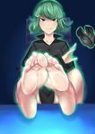  1girl barefoot black_dress chair feet glowing green_eyes green_hair licking_lips looking_at_viewer one-punch_man pov pov_feet shoes_removed short_hair sitting soles solo_(artist) table tatsumaki toes tongue_out 