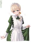  1girl apron artist_name blonde_hair blue_eyes blush bow closed_mouth commentary_request dress ebifurya green_dress hair_between_eyes hair_bow hair_intakes highres juliet_sleeves kantai_collection light_smile long_hair long_sleeves looking_at_viewer maid_headdress official_alternate_costume one-hour_drawing_challenge orange_bow puffy_sleeves shin'you_(kancolle) shin'you_(maid)_(kancolle) sidelocks simple_background solo twitter_username white_apron white_background 