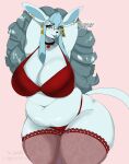 absurd_res anthro big_breasts blue_body blue_fur blue_lips bra breasts choker clothing ear_piercing ear_ring eeveelution eyelashes eyeshadow eyewear female fur generation_4_pokemon glaceon glasses grey_hair hair hands_behind_head hi_res huge_breasts huge_thighs jewelry legwear lingerie lips long_ears makeup mascara mature_female necklace nintendo overweight overweight_anthro overweight_female panties piercing pokemon pokemon_(species) red_bra red_clothing red_legwear red_panties red_stockings red_underwear ring_piercing smile solo stockings thick_bottom_lip thick_thighs underwear voluptuous_anthro voluptuous_female wearing_glasses z_znyx