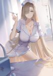  1girl absurdly_long_hair absurdres arm_support asuna_(blue_archive) asymmetrical_bangs aya_san bare_legs bed blonde_hair blue_archive blue_eyes blue_halo blue_nails blush bow breasts buttons choker cleavage collarbone curtains dress fingernails gloves grin hair_over_one_eye halo hand_on_bed hat highres holding holding_needle hospital hospital_bed indoors jewelry large_breasts legs_apart long_hair looking_at_viewer mole mole_on_breast nail_polish needle nurse nurse_cap official_alternate_costume pill pill_bottle ribbon shirt short_sleeves sitting skirt smile solo syringe thighs underwear very_long_hair vial white_dress white_gloves white_shirt window 
