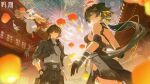  1boy 1girl abby_(wuthering_waves) aerial_fireworks bandaged_arm bandages bare_shoulders black_dress black_gloves black_hair black_jacket black_pants black_shorts breasts chinese_commentary commentary_request dress dual_persona earrings elbow_pads female_rover_(wuthering_waves) fireworks gloves grey_shirt hair_ribbon hand_in_pocket highres jacket jewelry jianchuanming lantern lantern_festival logo long_hair looking_at_viewer looking_back low_ponytail male_rover_(wuthering_waves) medium_breasts official_style pants paper_lantern ponytail ribbon rover_(wuthering_waves) shirt short_shorts shorts signature sleeves_rolled_up smile tacet_mark_(wuthering_waves) triangle_earrings turning_head wuthering_waves yellow_eyes yellow_ribbon 