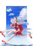 2girls animal_ears aqua_bow arms_around_neck blue_sky blunt_bangs bow brown_hat carrying carrying_person cloud commentary ear_bow ear_ribbon gold_ship_(umamusume) grey_hair hat highres horse_ears horse_girl horse_tail jacket long_hair mejiro_mcqueen_(umamusume) momami_mo_ma multiple_girls open_mouth piggyback pillbox_hat purple_eyes purple_hair red_jacket red_shorts running shoes shorts sky smile socks tail tracen_training_uniform track_jacket umamusume white_socks 