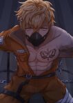  1boy abs arms_behind_back bags_under_eyes bandaged_leg bandages bare_pectorals belt black_belt black_mask blonde_hair chain chest_tattoo collarbone collared_jacket covered_mouth cross_scar dark from_above hair_between_eyes highres jacket jewelry jumpsuit kneeling large_pectorals looking_at_viewer looking_up male_focus mask mouth_mask muscular muscular_male navel nipples nu_carnival official_alternate_costume official_alternate_hairstyle open_clothes open_jacket orange_eyes orange_jacket orange_jumpsuit orange_pants pants pectoral_cleavage pectorals prison_clothes quincy_(nu_carnival) quincy_(shackled_thug)_(nu_carnival) scar scar_on_chest short_hair subaru_8y sweatdrop tattoo thigh_strap undercut zipper 