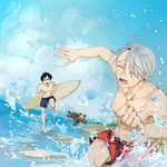  ^_^ beach black_hair blue_sky brown_eyes closed_eyes day dog dutch_angle glasses jewelry katsuki_yuuri makkachin male_focus male_swimwear multiple_boys outdoors ring running silver_hair sky summer surfboard swim_trunks swimwear viktor_nikiforov water you_(gay322k) yuri!!!_on_ice 