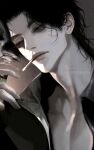  1boy artist_name black_hair black_shirt brown_eyes cigarette expressionless faxparduo film_grain fingernails highres holding holding_cigarette holding_lighter lighter lips looking_to_the_side male_focus muted_color open_clothes open_shirt original parted_bangs parted_lips portrait shirt short_hair sidelighting simple_background smoke smoke_trail smoking solo watermark 