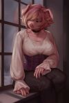 anthro blonde_hair bottomwear breasts clothed clothed_anthro clothed_female clothing collar corset domestic_pig female floppy_ears freckled_breasts freckled_face freckles fully_clothed fully_clothed_anthro fully_clothed_female green_eyes hair hi_res jo_(lavenderpandy) lingerie long_sleeves mammal pants puffy_sleeves shirt siriussly sitting_on_window_sill solo suid suine sus_(pig) thick_thighs topwear window