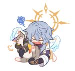  1boy animal animal_ears animal_nose animalization artist_name black_gloves black_jacket blank_eyes caelus_(honkai:_star_rail) cape cat cat_ears cat_tail closed_eyes commentary_request feathered_wings gloves gold_trim grey_fur grey_hair hair_between_eyes half-closed_eyes halo halo_behind_head hands_up head_wings holding holding_animal honkai:_star_rail honkai_(series) hood hooded_jacket jacket long_sleeves male_focus okogemcya open_clothes open_jacket open_mouth piercing purple_shirt shirt short_hair sidelocks simple_background squiggle sunday_(honkai:_star_rail) tail trailblazer_(honkai:_star_rail) two-sided_fabric two-sided_jacket two-tone_fur upper_body v-shaped_eyebrows watermark white_background white_fur white_jacket wide_sleeves wing_piercing wings yellow_cape yellow_jacket 