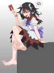  1girl absurdres arm_support arm_up barefoot black_dress black_hair bow bowtie bracelet closed_mouth commentary crossed_legs dorsiflexion dress fang feet foot_focus forked_tongue full_body gradient_background grey_background half-closed_eyes highres horns jager jewelry kijin_seija medium_hair middle_finger multicolored_dress multicolored_hair puffy_short_sleeves puffy_sleeves purple_bow purple_bowtie red_dress red_eyes red_streaks short_sleeves sitting skin_fang solo spoken_symbol streaked_hair tongue tongue_out touhou uno_reverse_card untranslatable_commentary v-shaped_eyebrows waist_bow white_dress white_horns white_streaks 