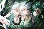  2girls animal_ear_fluff animal_ears arknights bare_shoulders blue_eyes cat_ears chinese_commentary coat coat_on_shoulders command:meltdown_(e.g.o) commentary_request dress e.g.o_(project_moon) english_text faust_(project_moon) green_dress green_eyes highres holding holding_hands holding_sword holding_weapon interlocked_fingers jewelry kal'tsit_(arknights) limbus_company long_sleeves material_growth mon3tr_(arknights) mon3tr_(summon)_(arknights) multiple_girls necklace necktie off-shoulder_dress off_shoulder oripathy_lesion_(arknights) profile project_moon short_hair side-by-side sword upper_body weapon white_hair yellow_necktie yuemiao 
