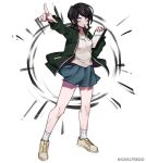  1girl alternate_costume artist_name black_hair blue_skirt clipboard commentary danganronpa:_trigger_happy_havoc danganronpa_(series) english_commentary freckles full_body green_jacket grey_eyes highres holding holding_clipboard ikusaba_mukuro jacket legs_apart long_sleeves nickeljinh open_clothes open_jacket outstretched_arm pointing shirt shoes short_hair skirt socks solo standing v-shaped_eyebrows whistle_in_mouth white_background white_shirt white_socks yellow_shoes 