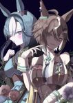  2girls absurdres admire_groove_(umamusume) ahoge animal_ears bare_shoulders blue_dress blue_hair blush bow breasts brown_hair chelseamoonlight closed_mouth commentary_request dress ear_bow ear_covers fang flower gloves hair_ornament hair_over_one_eye hairband highres horse_ears horse_girl long_hair looking_at_viewer medium_breasts mole mole_under_mouth multicolored_hair multiple_girls open_mouth purple_eyes rulership_(umamusume) shirt short_hair short_hair_with_long_locks simple_background smile streaked_hair umamusume white_gloves white_hair white_streaks 