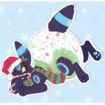 2023 4_fingers 4_toes ambiguous_gender black_body black_ear_tips black_ears black_fur black_nose black_tail black_tail_tip blue_body blue_ears blue_fur blue_pawpads blue_tail candy candy_cane candy_cane_in_mouth christmas christmas_clothing christmas_headwear clean_diaper clothed clothing cress_(sanicgamer1999) dessert diaper dipstick_ears dipstick_tail ear_markings eeveelution facial_markings feet feral fingers food forehead_markings fur generation_2_pokemon glowing glowing_markings green_scarf hat head_markings headgear headwear heart_symbol hi_res holding_candy holding_candy_cane holding_food holding_object holidays holly_(plant) jupiters letterbox looking_back lying markings multicolored_body multicolored_ears multicolored_fur nintendo on_front one_eye_closed pattern_background pattern_clothing pattern_diaper pattern_scarf pawpads plant pokemon pokemon_(species) red_scarf ring_(marking) ringed_ears ringed_tail santa_hat scarf shiny_pokemon simple_background smile snowflake_pattern solo striped_clothing striped_markings striped_scarf striped_tail stripes tail tail_markings toes two_tone_body two_tone_ears two_tone_fur two_tone_tail umbreon wearing_diaper yellow_sclera