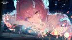  1girl absurdres aemeath_(wuthering_waves) aerial_fireworks closed_mouth commentary elbow_gloves english_commentary fireworks gloves hair_ornament highres koi lantern_festival logo night official_art orange_eyes pink_hair solo star-shaped_pupils star_(symbol) symbol-shaped_pupils white_gloves wuthering_waves 