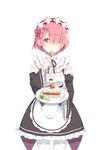  2429144768 blush breasts cake cleavage cowboy_shot detached_sleeves eyes_visible_through_hair food frilled_sleeves frills fruit hair_ornament hair_over_one_eye highres holding holding_spoon looking_at_viewer maid maid_headdress medium_breasts pantyhose pink_eyes pink_hair plate ram_(re:zero) re:zero_kara_hajimeru_isekai_seikatsu ribbon-trimmed_clothes ribbon_trim simple_background slice_of_cake solo spoon strawberry white_background wide_sleeves x_hair_ornament 