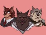 2021 4:3 anthro armband armor atmac beard blep blue_eyes blush blush_lines brown_eyebrows brown_inner_ear_fluff brown_nipples brown_nose canid canine canis cel_shading cloak clothing digital_drawing_(artwork) digital_media_(artwork) eden's_reach eye_scar eyebrows eyes_closed facial_hair facial_scar far_beyond_the_world_(series) front_view fur green_eyes grey_body grey_fur group heart_symbol hi_res inner_ear_fluff jewelry looking_at_another lyall_(lyre) lyre_(visual_novel) male mammal mane markings necktie nipples open_mouth oswald_(eden's_reach) pendant pink_background ranok_(far_beyond_the_world) red_body red_eyebrows red_fur red_nose scar shaded shoulder_pads simple_background smile sparkles suit tan_body tan_fur tan_inner_ear tan_inner_ear_fluff teeth tongue tongue_out trio tuft whisker_markings white_sclera wolf