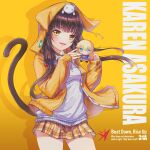  1girl :d absurdres animal_ears animal_hood animal_on_head aqua_eyes asakura_karen_(heaven_burns_red) black_hair blonde_hair blunt_bangs blush breasts brown_skirt cat cat_ears cat_hood cat_on_head cat_tail character_doll character_name chibi chibi_inset chinese_commentary commentary_request doll drop_shadow english_text fake_animal_ears film_grain floating_hair hair_bobbles hair_ornament hands_up happy heaven_burns_red highres holding holding_doll hood hood_up hoodie long_hair looking_at_viewer low_twintails medium_breasts miniskirt on_head open_clothes open_hoodie open_mouth orange_hoodie plaid_clothes plaid_skirt pleated_skirt sail_678 simple_background skirt sleeves_past_wrists smile solo sweater_vest tail tail_raised teeth toujou_tsukasa twintails upper_teeth_only very_long_hair white_cat white_sweater_vest yellow_background yellow_eyes 