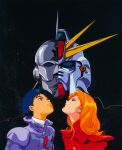  1990s_(style) 1girl 2boys artist_request berah_ronah blue_eyes blue_hair carozzo_ronah earrings earth_federation f91_gundam gun gundam gundam_f91 highres jewelry machine_gun magazine_scan mask mecha mecha_pilot_suit metal_mask military_uniform mobile_suit multiple_boys official_art orange_hair promotional_art retro_artstyle robot scan science_fiction seabook_arno space traditional_media v-fin weapon 