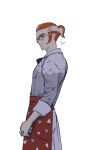  1boy apron arm_at_side black_bow black_bowtie bow bowtie closed_mouth commentary_request from_side glasses grisham_(pokemon) highres jewelry looking_at_viewer male_focus mohimohinosiri orange_eyes pants pokemon pokemon_legends:_z-a ponytail red_apron ring shirt simple_background solo upper_body waist_apron white-framed_eyewear white_pants white_shirt 