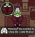 animated anthro anus anus_outline asriel_dreemurr bedroom big_butt bottomwear bouncing bouncing_butt bovid bulge butt caprine clothed clothing dialogue_box digital_media_(artwork) femboy front_view goat hands_behind_back huge_butt huge_hips huge_thighs hyper hyper_butt hyper_hips joestarjorik looking_at_viewer low_res male mammal pants pixel_(artwork) pixel_animation portrait rear_view shirt small_bulge smile solo standing thick_thighs thong tight_clothing tight_fit topwear undertale undertale_(series) underwear wide_hips