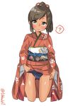  ? ass_visible_through_thighs bangs blue_swimsuit blush brown_eyes brown_hair clothes_lift cowboy_shot cropped_legs ebifurya eyebrows floral_print hair_ribbon highres i-401_(kantai_collection) japanese_clothes kantai_collection kimono kimono_lift lifted_by_self long_sleeves looking_at_viewer obi open_mouth ponytail print_kimono red_kimono red_ribbon ribbon sash school_swimsuit simple_background solo speech_bubble spoken_question_mark swimsuit swimsuit_under_clothes tan twitter_username white_background 