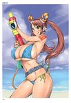  absurdres beach belt bikini bottle breasts covered_nipples day fingerless_gloves gloves green_eyes highres huge_breasts kotoyoshi_yumisuke looking_at_viewer red_hair safety_glasses shiny shiny_skin side-tie_bikini skindentation solo string_bikini super_soaker swimsuit tattoo tongue tongue_out twintails water_bottle 