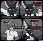  4_panel_comic 5_fingers :< anthro artist_name bat big_ears biped black_body black_clothing black_eyebrows black_fur black_hair black_nose black_shirt black_topwear cain_(suitedwolfie) canid canine canis claws clock clothing collared_shirt comic confusion dialogue dress_shirt duo english_text eye_bags eye_through_hair eyebrow_through_hair eyebrows eyewear fangs finger_claws fingers five_o'clock_shadow fur furniture glasses gloves gold_glasses gold_watch grey_body grey_fur grey_hair grey_inner_ear_fluff hair hand_on_head hand_on_hip handwear hi_res humanoid_hands humor inner_ear_fluff k_(suitedwolfie) looking_at_another looking_at_viewer male mammal multicolored_body multicolored_fur necktie northwestern_wolf open_mouth piercing pink_eyes pink_inner_ear pink_sclera pointing_at_object pupils question question_mark quotation_marks raised_eyebrow red_text scratching_head shirt simple_background slit_pupils smug snaggle_tooth snout speech_bubble stain suit suitedwolfie table taking_off_gloves talking_to_another teeth text topwear translucent translucent_hair tuft two_tone_body two_tone_fur wall_(structure) watch watermark white_clothing white_eyes white_gloves white_handwear white_necktie white_sclera white_shirt white_suit white_text white_topwear wingless_bat wolf wristwatch 
