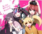  4girls apron arms_up black_hair blonde_hair blue_hair blue_skirt blue_streaks blush blush_stickers bow bracelet brown_eyes camera commentary_request copyright_name danganronpa_(series) danganronpa_2:_goodbye_despair ear_piercing elbow_gloves eyelashes face_piercing fingerless_gloves fingernails freckles gloves green_bow grey_eyes hair_bow hair_horns holding holding_camera jewelry koizumi_mahiru long_hair mioda_ibuki mouth_piercing multicolored_gloves multicolored_hair multiple_girls open_mouth piercing pink_background pink_eyes pink_hair pink_shirt pink_streaks puffy_short_sleeves puffy_sleeves purple_eyes purple_hair red_hair saionji_hiyoko shine5s shirt short_hair short_sleeves skirt splatter streaked_hair striped_clothes striped_gloves sweatdrop teeth tsumiki_mikan twintails two-tone_gloves upper_teeth_only white_apron white_hair 