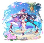  1girl ayame_(3103942) beach bikini black_bikini black_hair black_sandals blue_eyes blue_sky breasts cloud commentary_request copyright_notice day double_bun falling_petals fish full_body hair_bun hair_ornament hairclip halo heterochromia highres inflatable_dolphin inflatable_toy long_hair looking_at_viewer low_wings navel official_art open_mouth outdoors palm_tree patel_(twinkle_star_knights) petals red_eyes red_halo sand_dollar sandals sky small_breasts solo standing standing_on_one_leg starfish stomach swimsuit tree twinkle_star_knights v v_over_head visor_cap water wings 