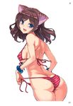  absurdres animal_ears ass bangs bare_shoulders bikini blue_eyes bracer breasts brown_hair butt_crack covered_nipples cowboy_shot dimples_of_venus extra_ears eyebrows_visible_through_hair from_behind front-tie_bikini front-tie_top highres inu legs_together long_hair looking_at_viewer looking_back medium_breasts open_mouth original shoulder_blades side-tie_bikini sideboob smile solo striped striped_bikini swimsuit tiger_ears toranoana underboob untied untied_bikini 